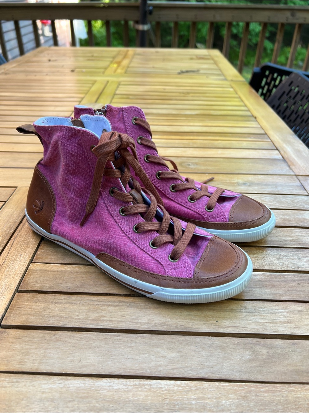 Pink Suede High-Top Sneakers with Brown Trim